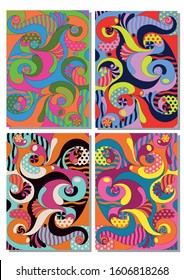 Psychedelic Backgrounds Set 1960s, 1970s Style, Colorful Decorative Elements Irregular Shapes 