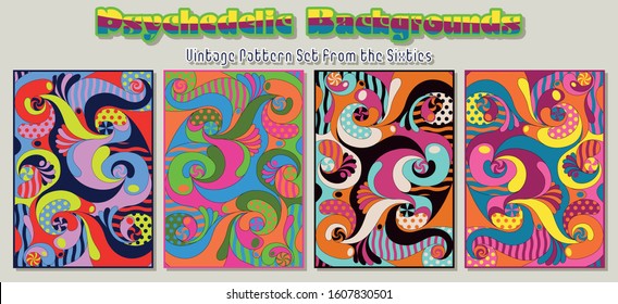 Psychedelic Backgrounds Set from the 1960s, Groovy Colors and Shapes, Colorful Patterns Fabric Style
