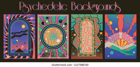 Psychedelic Backgrounds, Vector Templates for Posters, Covers, Illustrations, Invitations. Geometric Shapes, Polka Dots, Psychedelic Colors