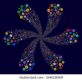 Psychedelic Bank Seal explosion flower cluster on a dark background. Suggestive whirlpool designed from scatter bank seal objects.