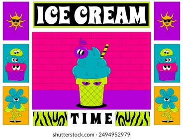 Psychedelic banner with characters in groovy style. Retro trendy horizontal poster. Ice cream time. Flat vector elements in acid colors.