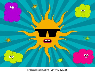 Psychedelic banner with characters in groovy style. Retro trendy horizontal poster. The sun with glasses and clouds with funny faces. Flat vector elements in acid colors.