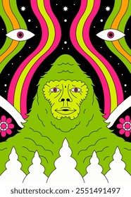 Psychedelic Bigfoot Illustration with Vibrant Colors