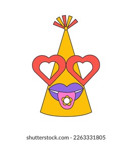 Psychedelic birthday cap with red glasses and a tongue sticking out. Birthday party hat. Vector isolated illustration. 