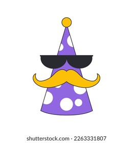 Psychedelic birthday hat with glasses and mustache. Birthday party hat. Vector isolated illustration.