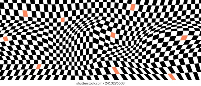 Psychedelic black and white checkerboard background. Retro chessboard geometric design template	