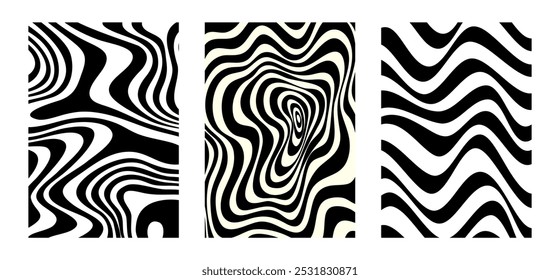 Padrão preto e branco psicodélico. Fundo de zebra ondulada abstrato. Conjunto de cartazes com textura de ilusão óptica vertiginosa.