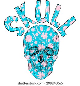 Psychedelic  blue skull  with pink flowers.