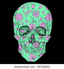 Psychedelic blue skull with violet flowers. Black background.