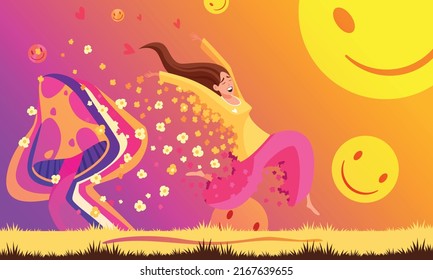 Psychedelic bright colored background with hovering female character and magic mushroom cartoon vector illustration