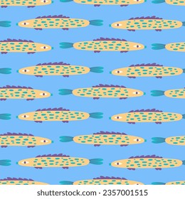 Psychedelic bright colors fish vector seamless pattern