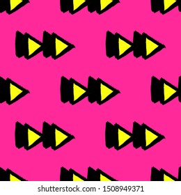 Psychedelic bright geometric triangle shapes seamless pattern. Vector wallpaper. Bright pink background.	