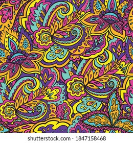 Psychedelic bright seamless texture with colorful plant and floral elements.