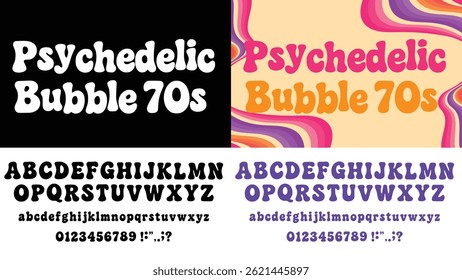 Burbuja psicodélica de los años 70. Vector Alfabeto inglés