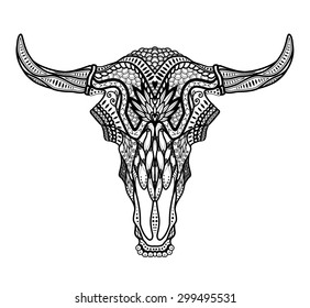 Psychedelic Bull / auroch skull with horns on white background. With ornament on head