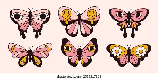 Psychedelic butterflies. Groovy hippie insects. Patterned bug wings. Boho style. Vintage objects. Color eyes, daisy flowers and emoticons. Flying mole. Summer moth