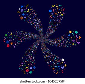 Psychedelic Call Center Symbols explosion composition on a dark background. Hypnotic flower with six petals created from scatter call center symbols items.