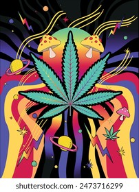 Psychedelic cannabis leaf in the melting space. Groovy drug effects vector