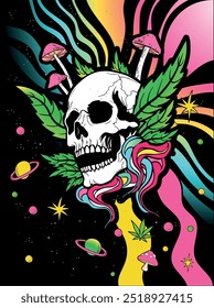 Psychedelic Cannabis Skull around the universe. Trippy Cannabis Design concept with stars, worlds, and lights vector