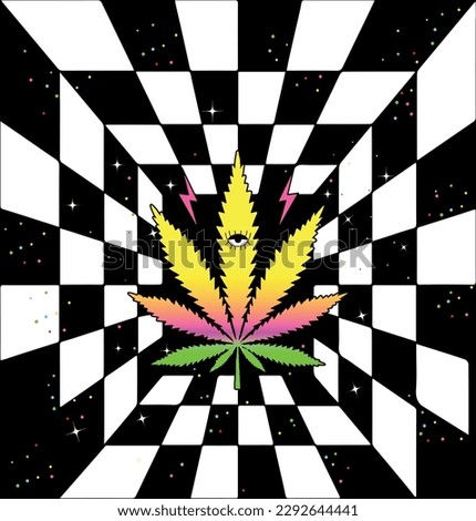 Psychedelic cannabis vector sign. Space portal. Trippy weed space. Thc effects. Cbd effects. Space relax. Colorfull cannabis. Eye vector
