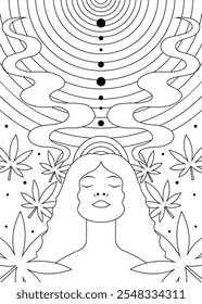 Psychedelic Cannabis-Inspired Coloring Page with Meditative Woman  