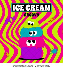 Tarjeta psicodélica con carácter en estilo groovy. Cartel de moda retro. Groovy helado. Elemento de Vector plano en colores ácidos.