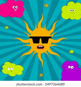 Psychedelic card with characters in groovy style. Retro trendy poster. The sun with glasses and clouds with funny faces. Flat vector elements in acid colors.
