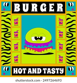 Tarjeta psicodélica con lindo carácter de hamburguesa en estilo groovy. Cartel de moda retro. Hamburguesa caliente y sabrosa. Elemento de Vector plano en colores ácidos.