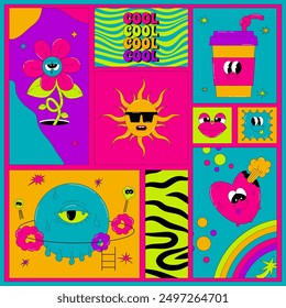 Tarjeta psicodélica con personajes funky en estilo groovy. Cartel de moda retro. Elementos planos de Vector en cuadrados y rectángulos en colores ácidos.