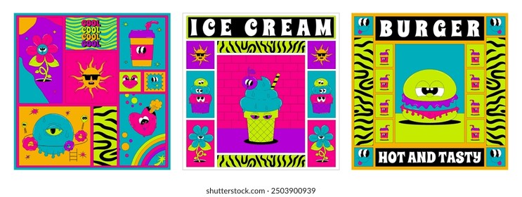 Psychedelic card with funky characters in groovy style. Retro trendy posters set. Flat vector elements in acid colors.