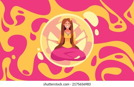 Psychedelic cartoon composition with meditating smiling girl sitting in lotus position over ornate colorful abstract background vector illustration