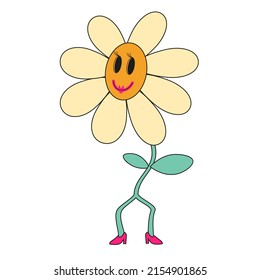Psychedelic cartoon daisy in the style of the 70s. For prints, postcards, posters. Vector illustration.
