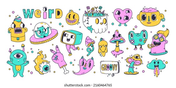 Psychedelic cartoon emoji, bright weird doodle patches. Trippy trendy stickers, mushroom, skull and groovy hallucination elements vector illustration set. Neon comic mascots collection