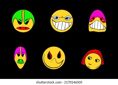 Psychedelic cartoon face. Crazy graffiti smile emoji, facial expressions vector illustration set. 
Funny crazy smile faces.
