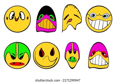 Psychedelic cartoon face. Crazy graffiti faces, facial expressions vector illustration set. 
Funny crazy faces.