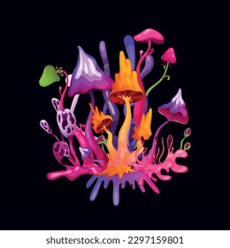 Psychedelic cartoon fluorescent composition with bright magic colorful mushrooms at black background vector illustration