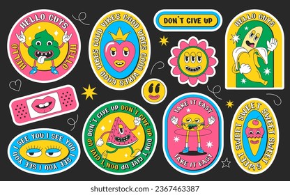 Psychedelic cartoon groovy stickers in retro style. Label or badge of trendy characters with funny faces. Hippy symbols in contemporary design isolated on black background. Vector set illustration.