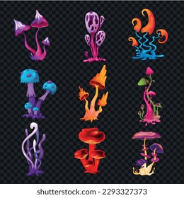 Psychedelic cartoon set of colorful magic trippy mushrooms isolated on dark transparent background vector illustration
