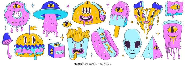 Psychedelic cartoon sticker set. Modern character burger, pizza, soda, hot dog, tacos, ice cream, donut, french fries. Funny faces with distorted eyes and vibrant colors. Flowing texture. Crazy eyes. svg