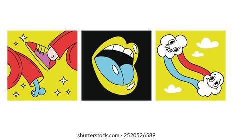 Animação psicodélica trippy adesivo retro disco hippy groovy conceito de arte. Ilustração de design gráfico vetorial