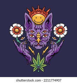 Psychedelische Katze mit Blume und Cannabis