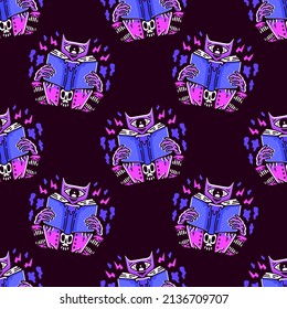 Psychedelic cat  monster reading book on black background seamless pattern. Modern vintage, pop art style seamless pattern concept.