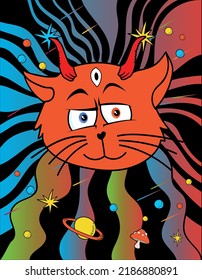 Psychedelic Cat in outer space, hippie killer acid lcd journey to outer space, planet with color around the universe, planets and stars, free vector