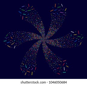 Psychedelic Chain twirl twist on a dark background. Psychedelic vector cluster organized from scatter chain symbols.