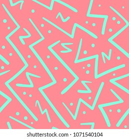 Psychedelic chaotic pink and green zig zag with dots seamless pattern. Abstract fashion trendy vector texture with hand drawn zigzag lines for textile, wrapping paper, surface, background