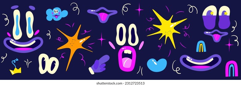 Psychedelic Character Funny set Face smile. Craetive trippy character cartoon graphic. Comic funny emotions. Vector illustration