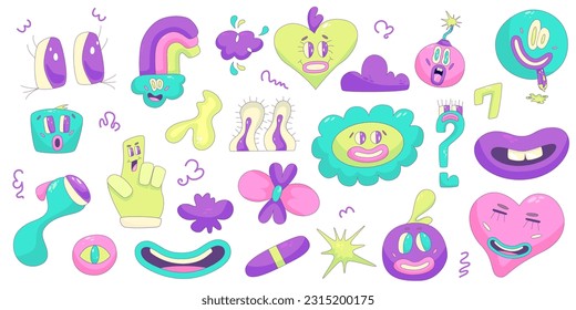 Psychedelic Character Funny set Face smile. Craetive comic trippy character cartoon graphic. Comic funny emotions. Vector illustration