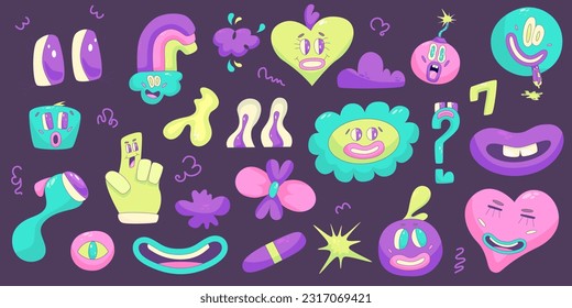 Psychedelic Character Funny set Face smile. Craetive comic trippy character cartoon graphic. Comic funny emotions. Vector illustration
