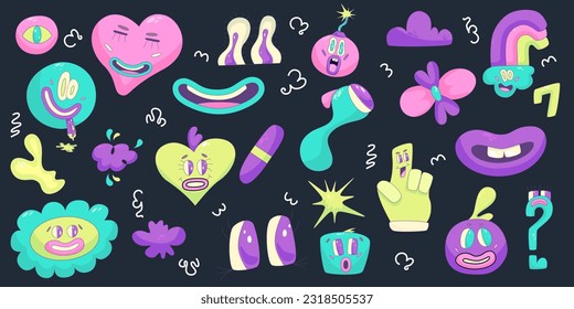 Psychedelic Character Funny set Face smile. Craetive comic trippy character cartoon graphic. Comic funny emotions. Vector illustration