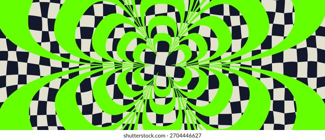 Psychedelischer Schachbretthintergrund mit neongrünen radialen Blütenblättern, die sich über verworrene schwarz-weiße Quadrate drehen. Grooves spiralförmiges Schachbrettmuster mit kräftiger y2k Energie. Vektorgrafik